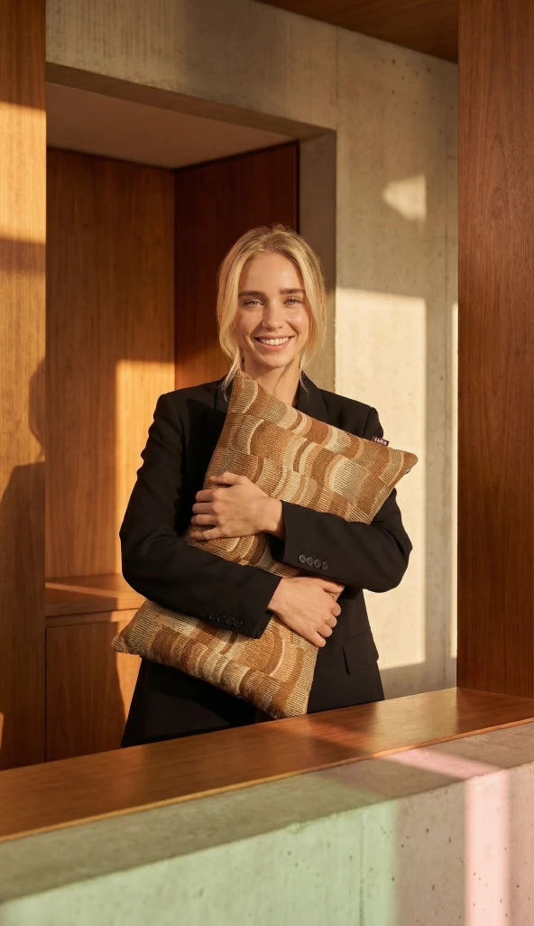 Vrouw met decoratief kussen, productfoto laten maken met AI