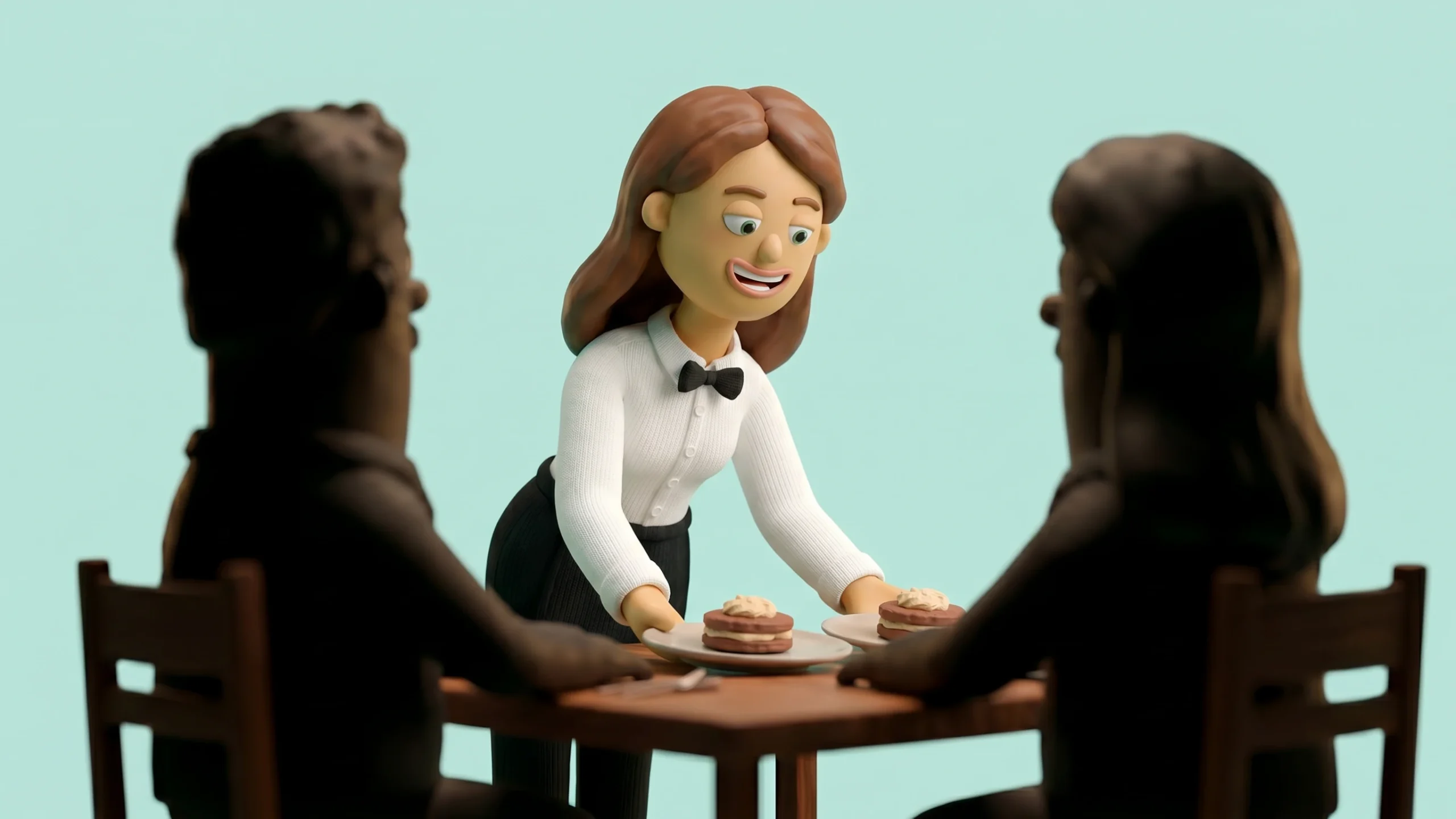 Scène uit explainer video met twee personages aan tafel, AI video maken voor SaaS