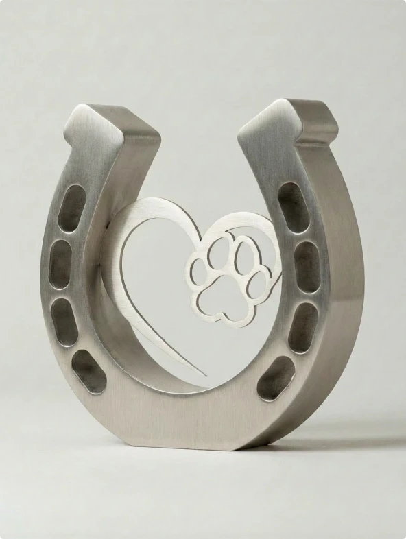 RVS hoefijzer herdenkingsbeeld met ornament hart en hondenpoot motief, productfoto laten maken met AI