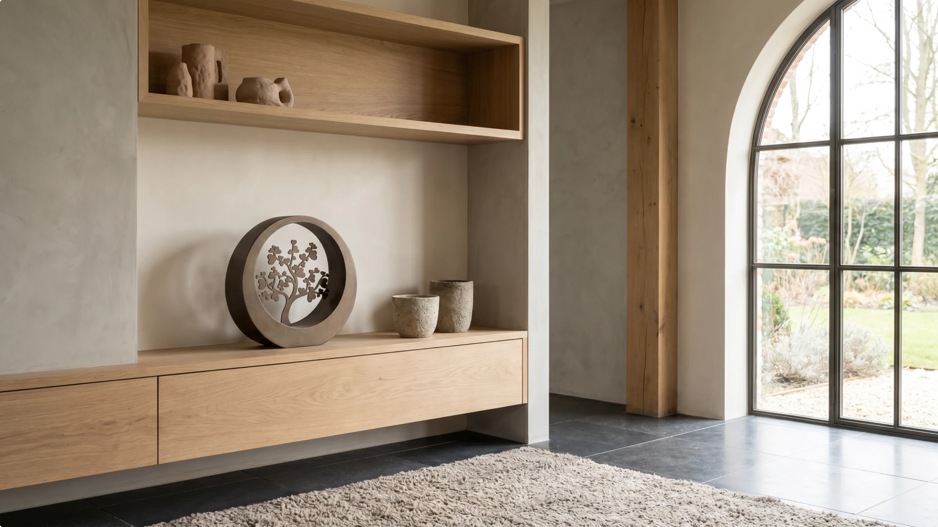Urn met ornament in lichte woonkamer met houten meubels, productfotografie voor e-commerce
