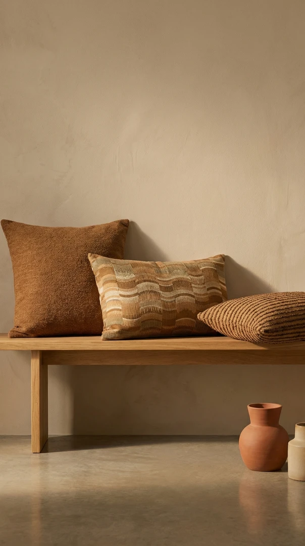 Decoratief kussen op houten bank, productfotografie voor e-commerce