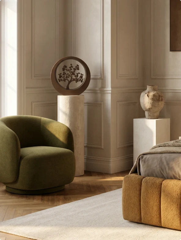 Ronde urn op dressoir in interieur met groene fauteuil, productfotografie voor webshop