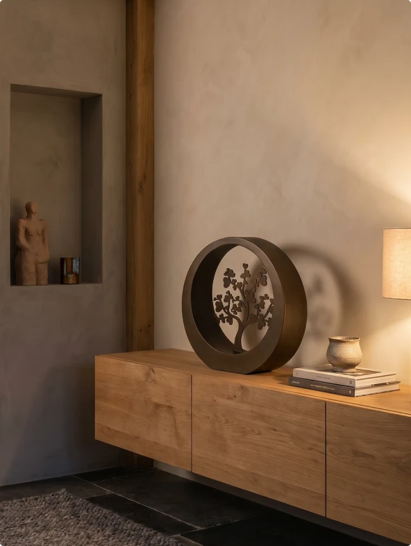 Urn met levensboom ornament op dressoir in warme woonkameromgeving, productfotografie voor e-commerce