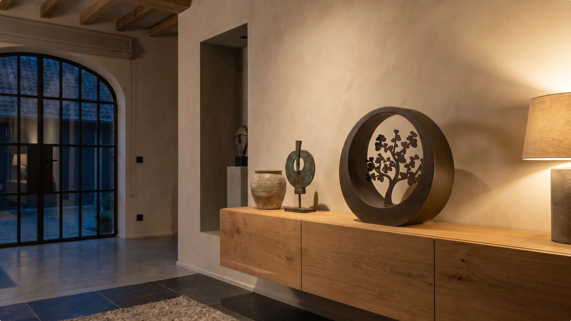 Urn met ornament op dressoir in schemering, productfotografie voor e-commerce