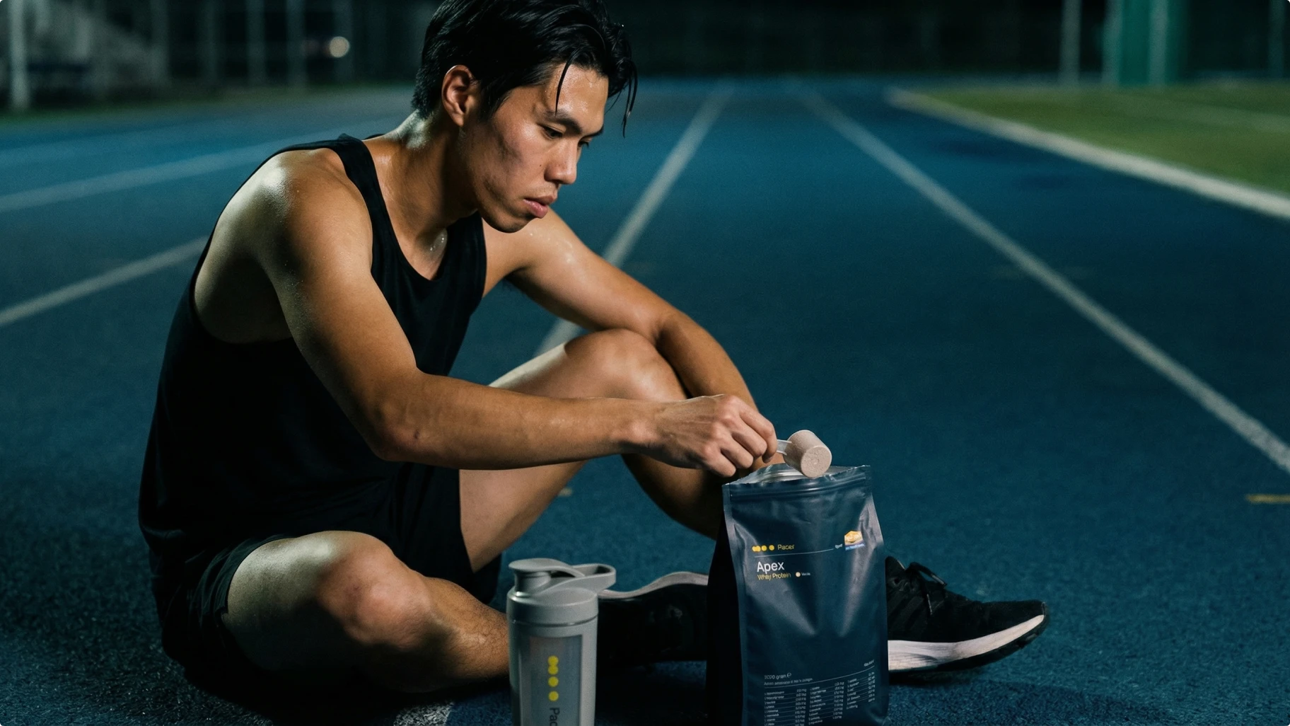 Atleet met supplement bag, AI productfotografie voor voedingssupplementen