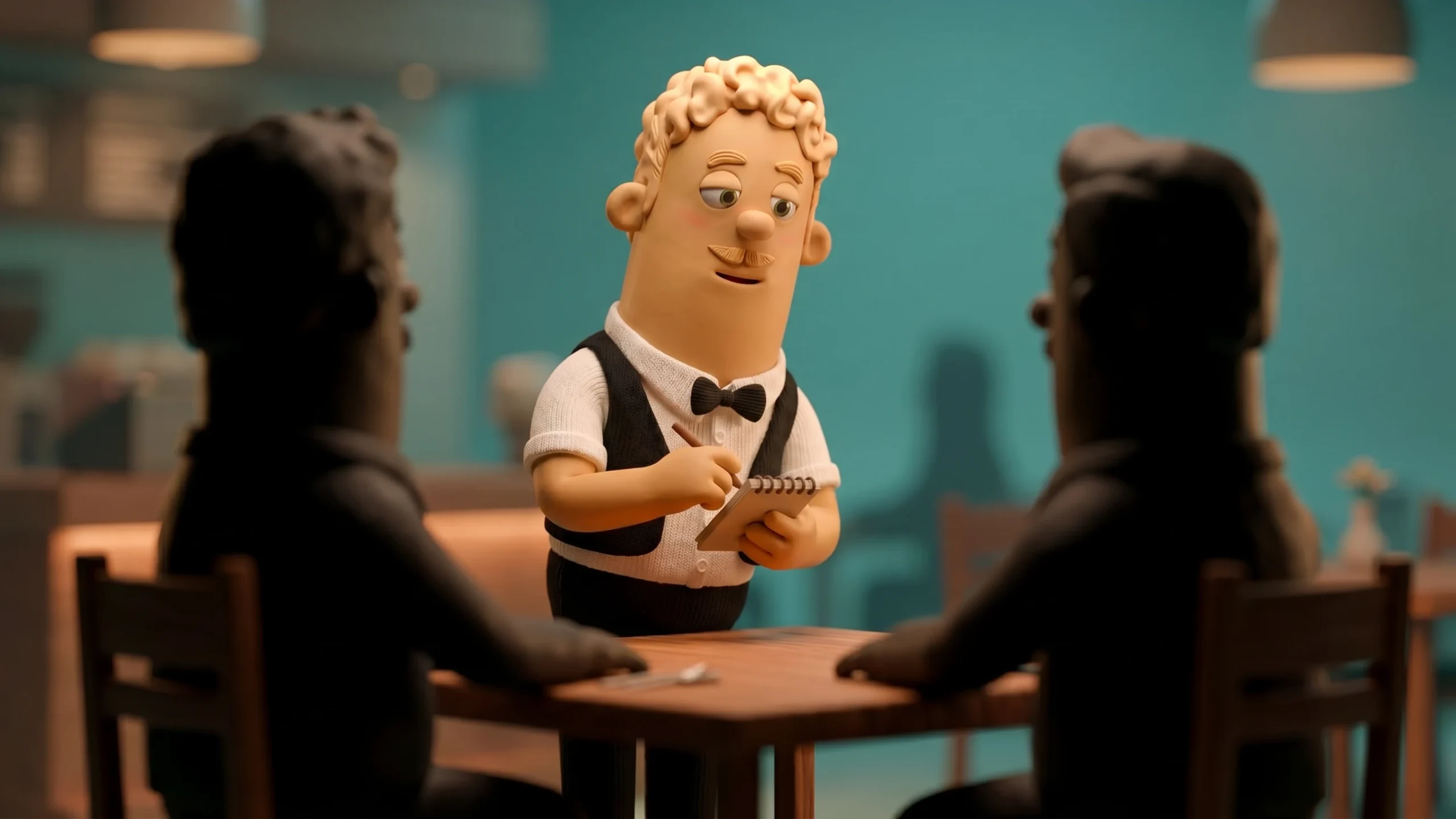 Scène uit AI explainer video met twee personages aan tafel in café