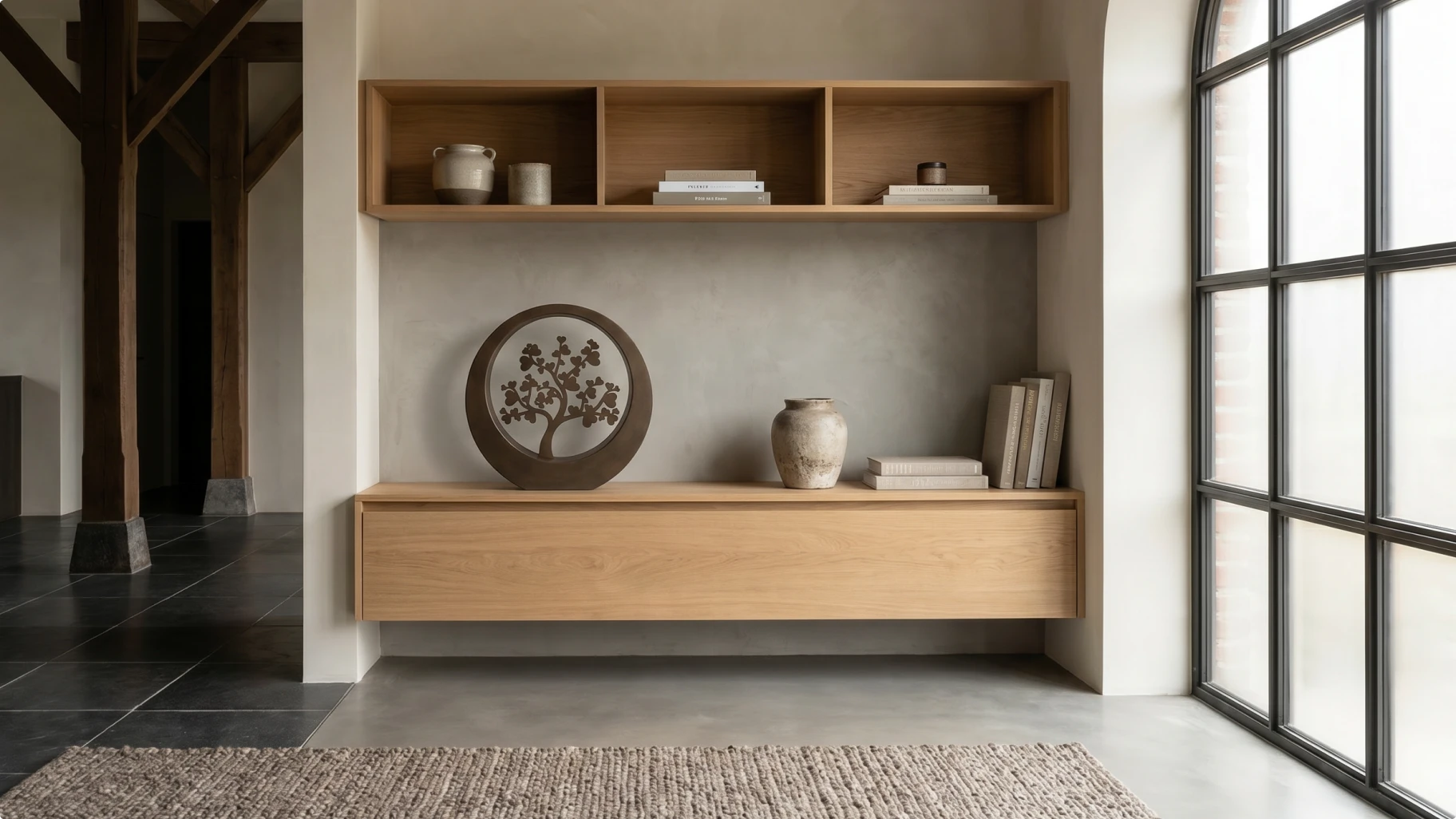 Herdenkingsbeeld met ornament op houten dressoir in modern interieur, productfotografie voor e-commerce
