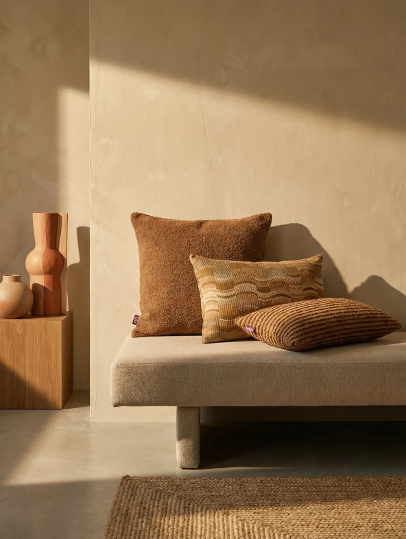 Decoratief kussen op bank met vaas, productfotografie voor e-commerce