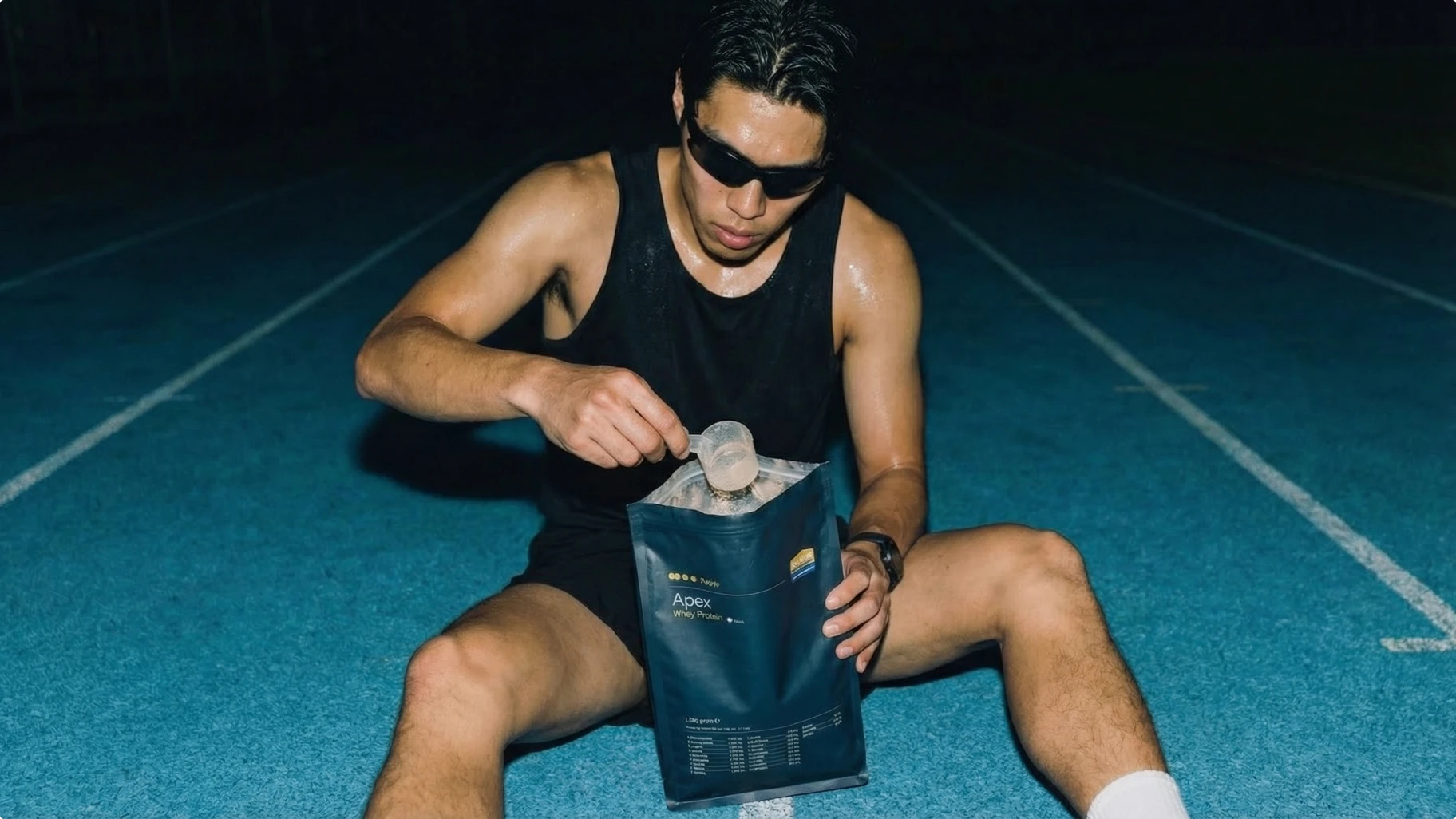 Sporter met supplement verpakking tijdens training, productfotografie voor webshop