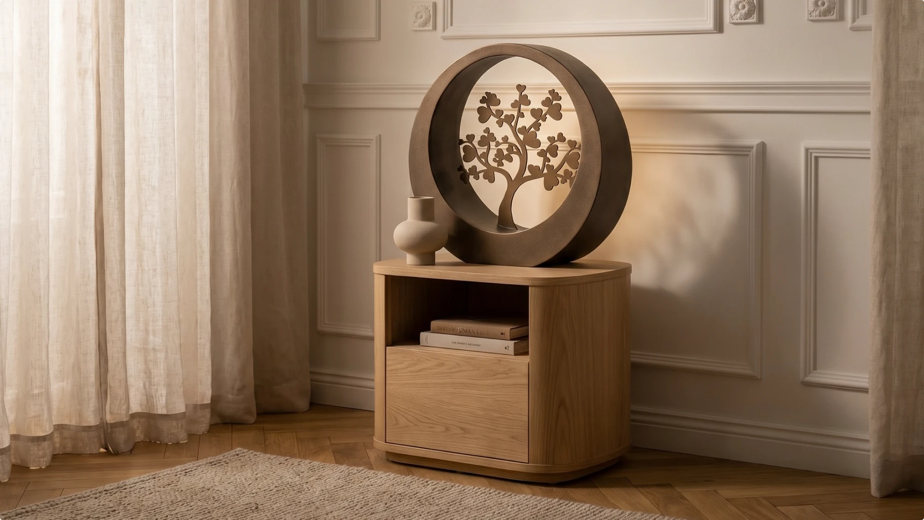 Rond herdenkingsbeeld met levensboom op dressoir in warm interieur, productfotografie voor webshop