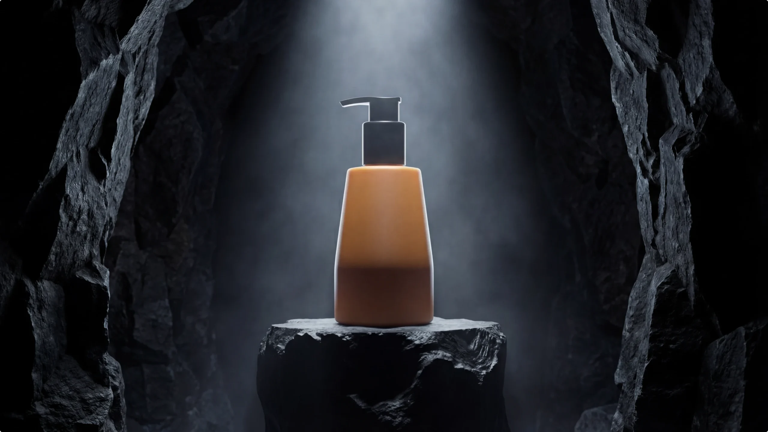 Cinematic productshot haarverzorging fles in donkere omgeving, AI video maken voor e-commerce