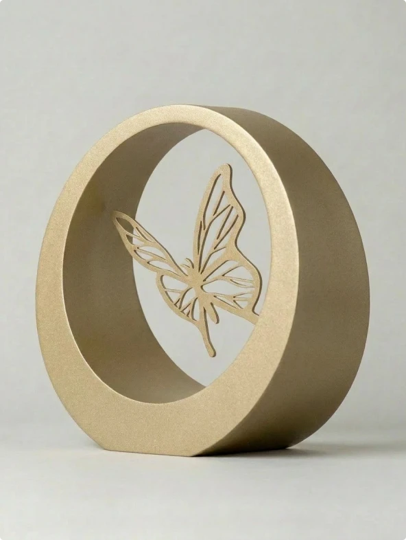 Rond champagne herdenkingsbeeld met vlinder ornament ontwerp uitsnede, AI productfotografie voor webshop