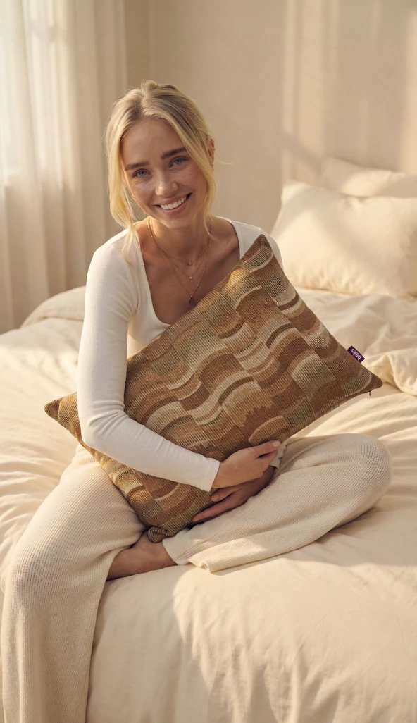 Decoratieve kussens op bed in slaapkamer, productfotografie voor webshop
