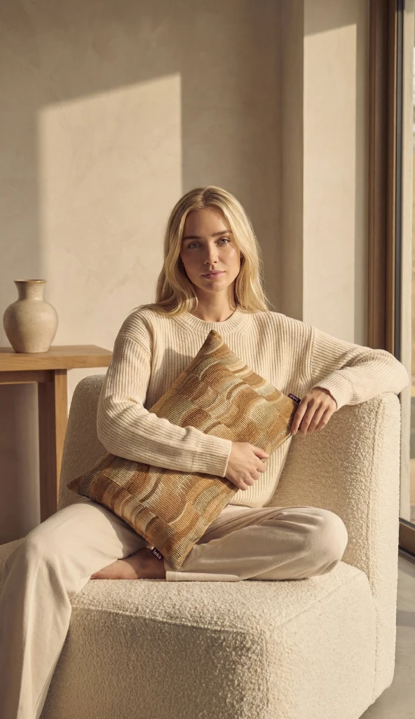 Vrouw met decoratief kussen in interieur, productfotografie voor webshop